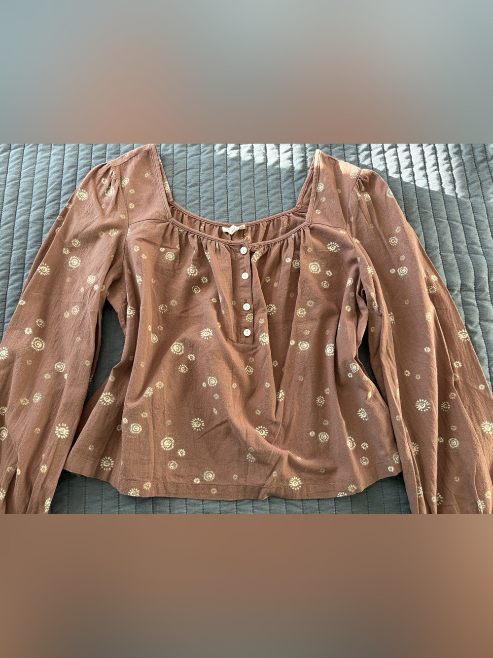 a.n.a Rust Boho Sunburst Print Square-Neck Balloon Sleeve Cotton Blouse Size L - Picture 2 of 11